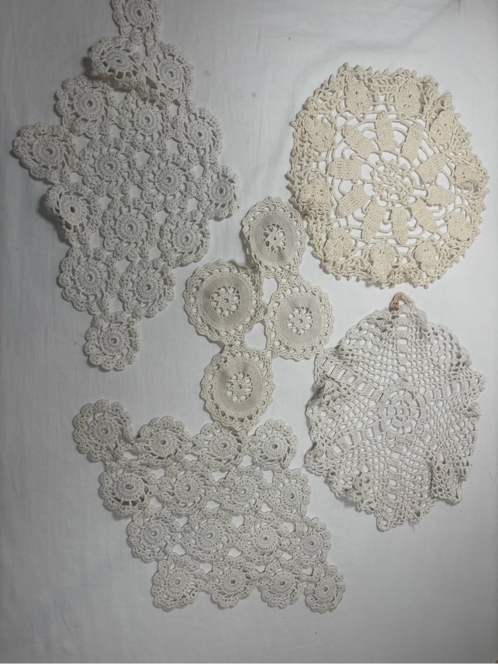 Vintage FIVE Handmade Doilies Variety Shapes & Sizes CottageCore Retro Farm Boho